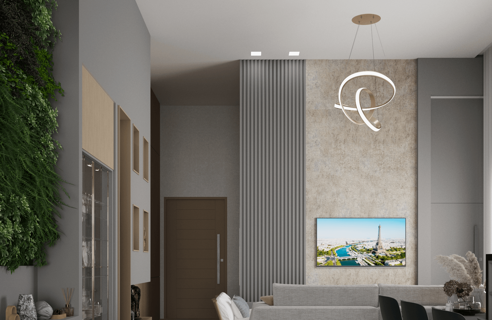 Sala moderna com sofá em L, parede 3D e luminária pendente dourada